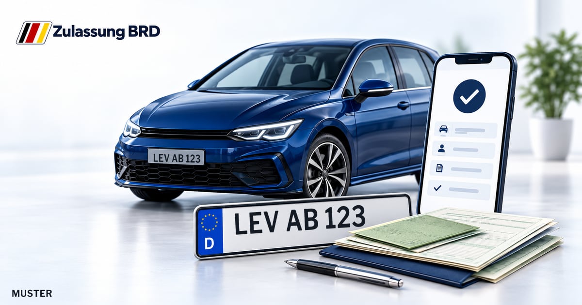 Online Fahrzeugzulassung in Leverkusen: Musterkennzeichen LEV AB 123, Auto und Fahrzeugpapiere und Smartphone. Illustration mit Logo von Zulassung BRD.